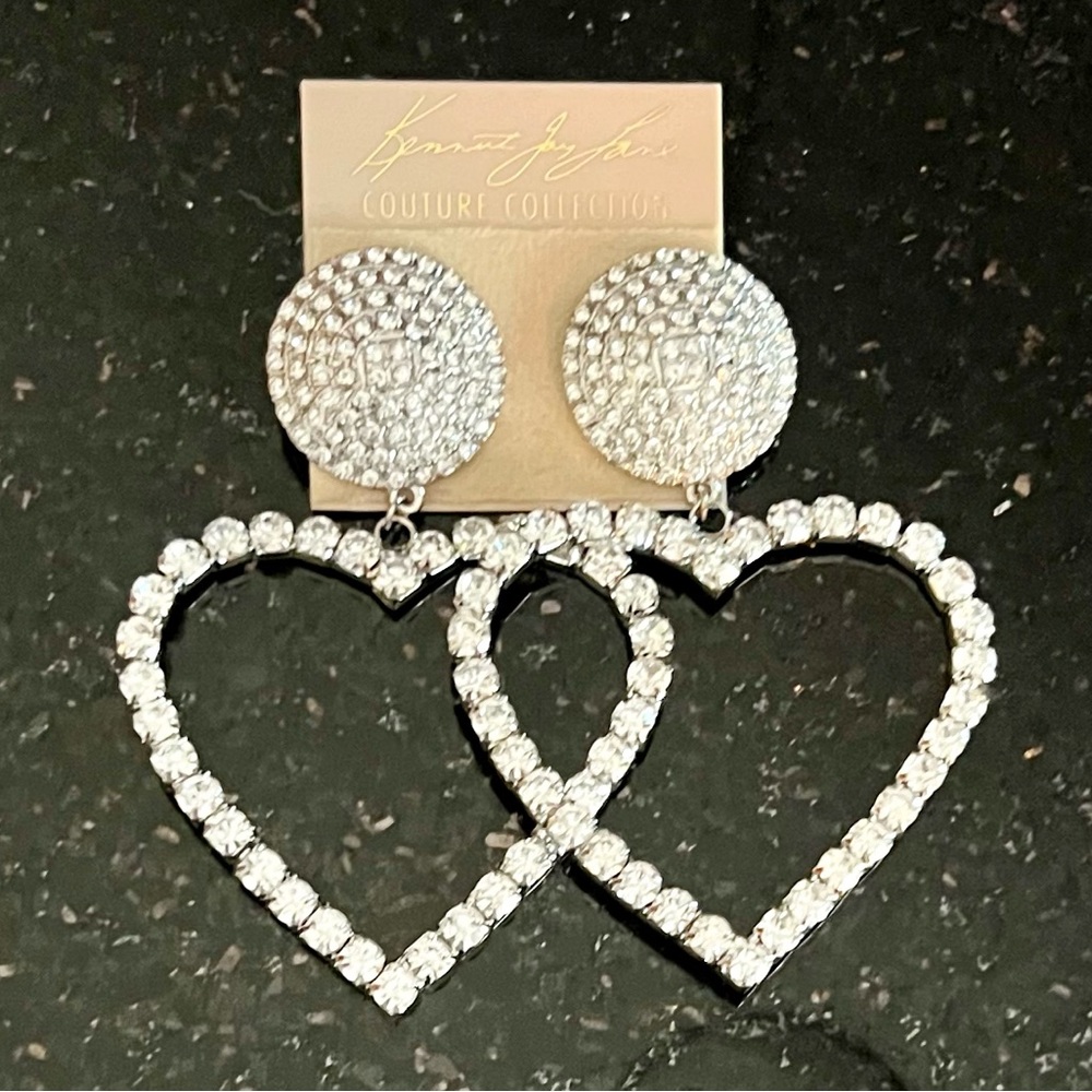 KENNETH JAY LANE Crystal Studded Heart Dangle Earrings / Silver Tone & Crystals - Picture 7 of 12